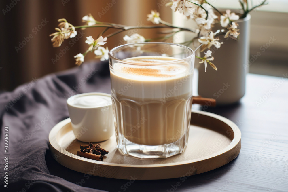 Breakfast still life with a glass of creamy coffee with cinnamon Breakfast still life with a glass of creamy coffee with cinnamon