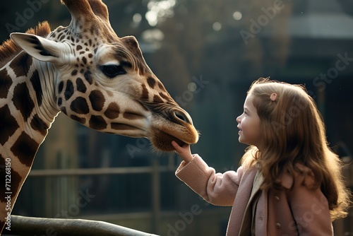 Little girl feeding giraffe in the zoo © Alina
