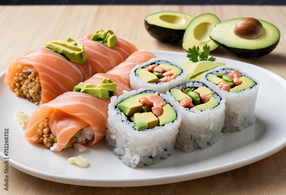 Spicy Deep-Fried Sushi Roll with Salmon, Avocado, and Cheese Spicy Deep-Fried Sushi Roll with Salmon, Avocado, and Cheese