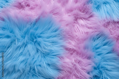 Pink and blue fur texture top view. Sheepskin wool background. Shaggy fur pattern