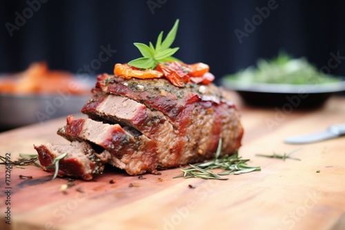 meatloaf topped with bacon slices and herbs