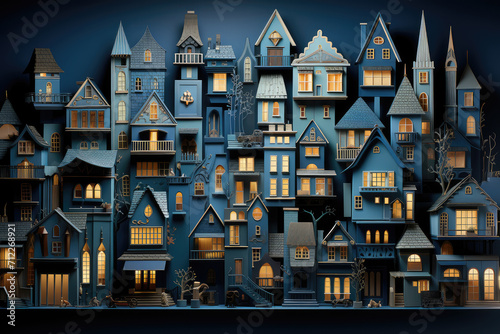 Row of Cartoon Miniature House Models extreme closeup. Generative AI