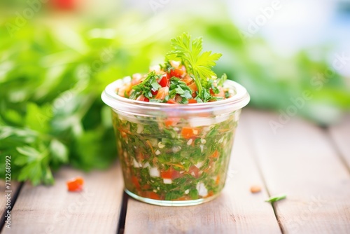 a jar of homemade salsa with cherry tomatoes and fresh herbs