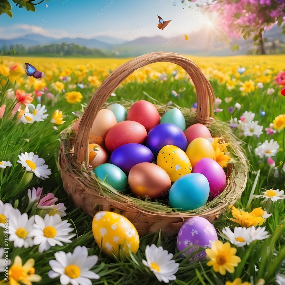 Easter Eggs Basket in a Flower field.