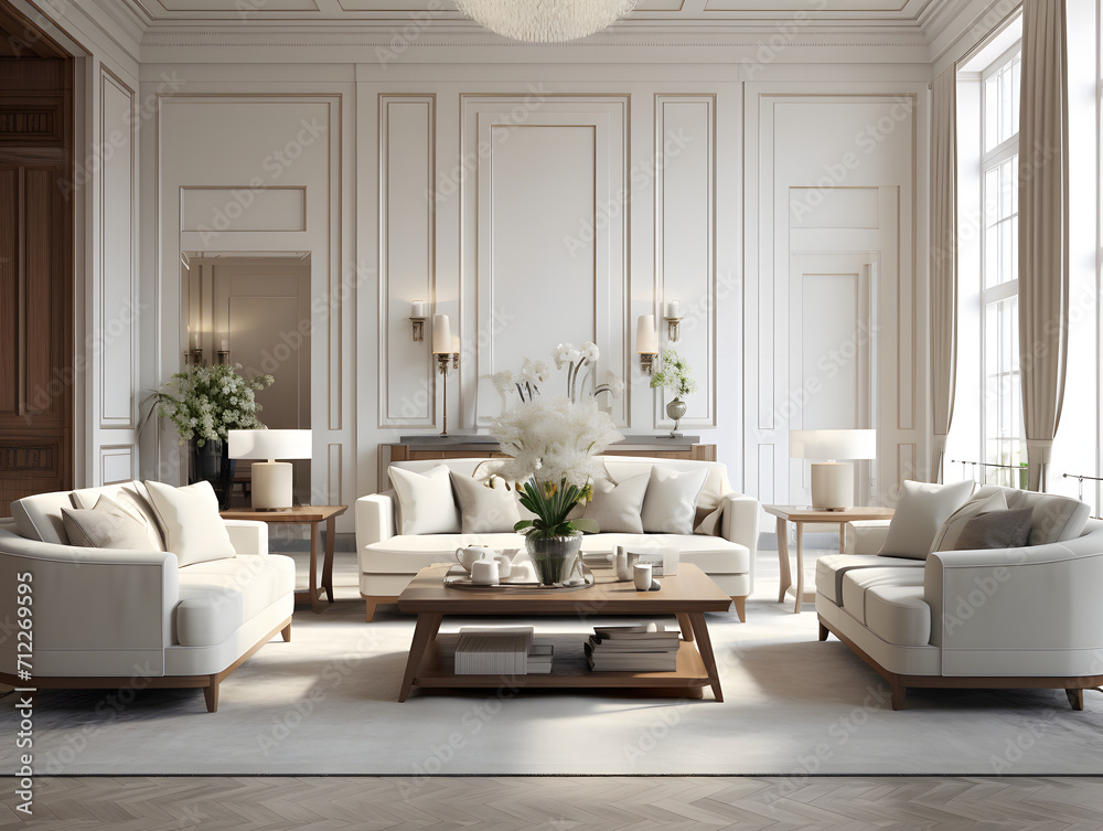An elegant living room with beige sofas and chair An elegant living room with beige sofas and chair