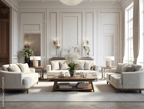 An elegant living room with beige sofas and chair