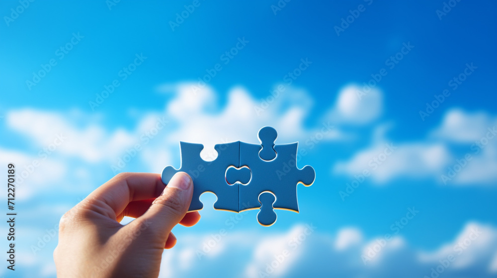 hand holding blue puzzles on sky background hand holding blue puzzles on sky background