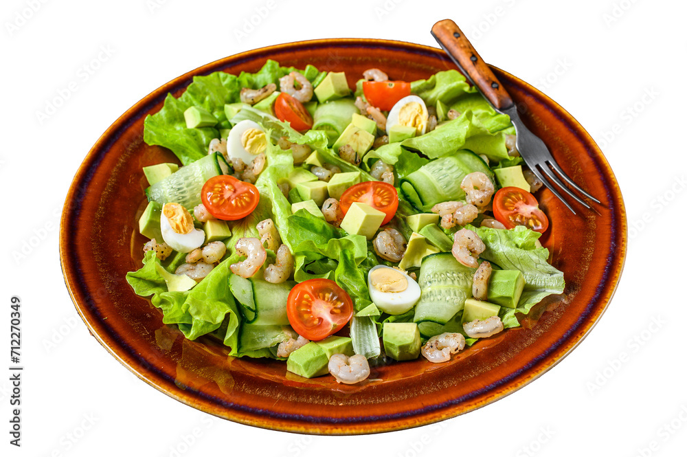 Fresh avocado, shrimps, prawns salad with lettuce green mix, cherry tomatoes and olive oil.  Transparent background. Isolated.