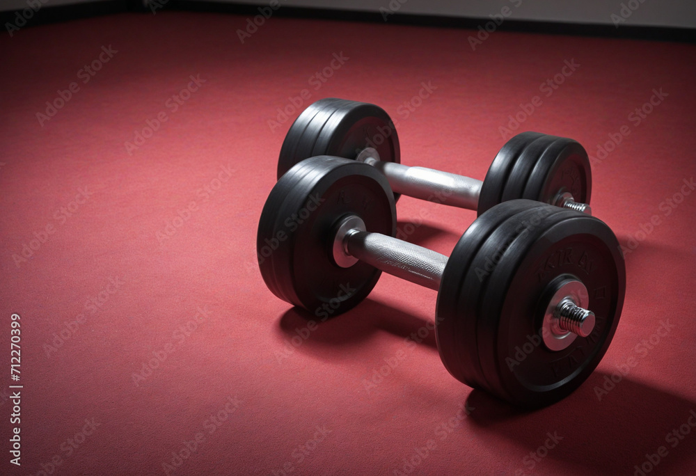 Gym with Heavy Dumbbells and Red Lighting. Sports Equipment.