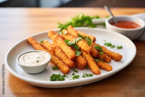 a plate of golden-brown mozzarella sticks with parsley