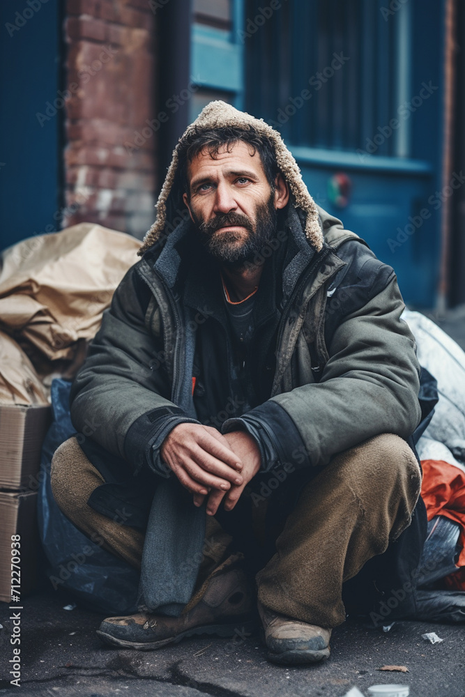 homeless in the cold snow. Problems of the homeless in the concept of the city