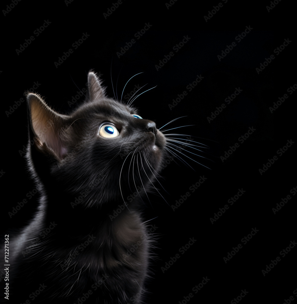 Kitten looks up at a dark background. Kitten looks up at a dark background.