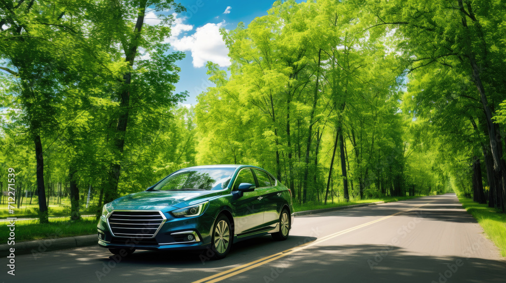 The car is driving along the road against a background of green trees and blue sky. A car on the background of a beautiful spring or summer forest landscape. To travel, to travel in nature.