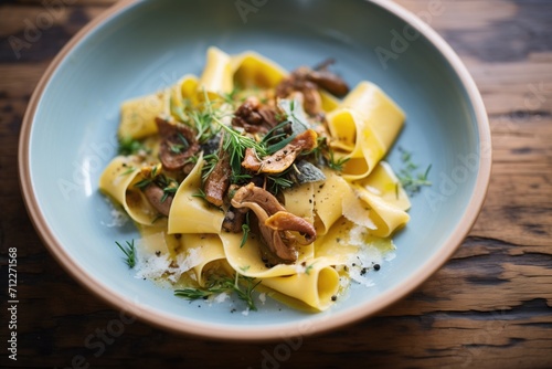 pappardelle with wild mushrooms on an earthenware plate photo