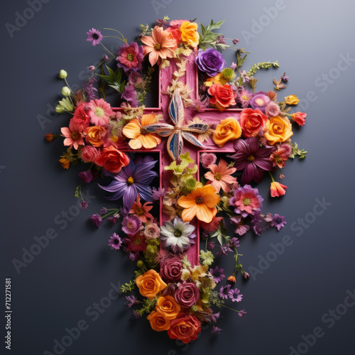 A jesus cross with colorful flowers