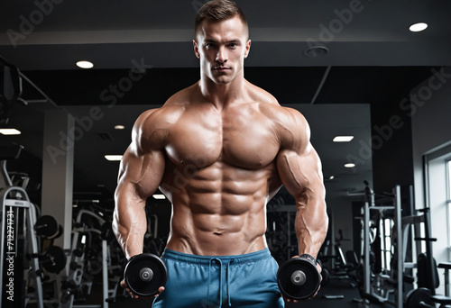 Muscular man showcasing sport trophy in gym Aesthetic athletic guy displaying strength and power Shirtless fitness model striking a pose against dark background