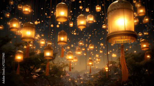 Golden lanterns illuminate a street celebration