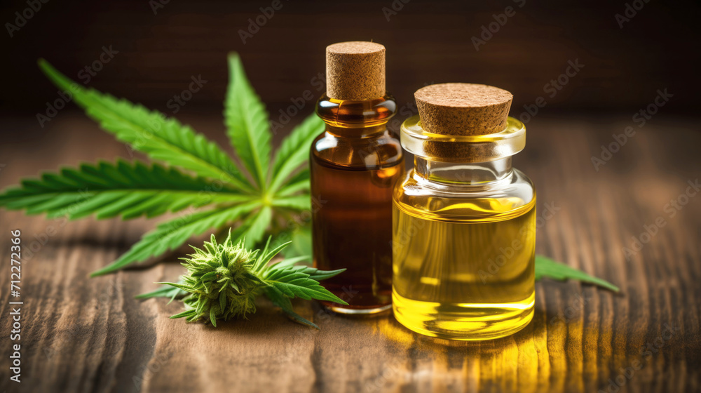 Cbd essential oils in a wooden organic table Cbd essential oils in a wooden organic table