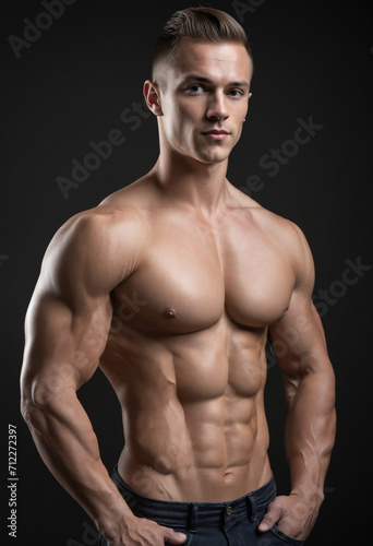 Strong and athletic young man. Fit male model posing against dark backdrop. Leather jacket draped over bare chest.