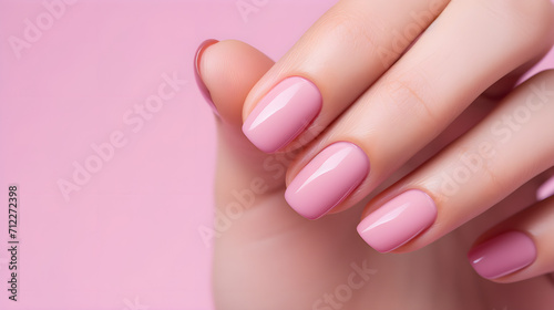 Beautiful female hand with manicure with pink lilac varnish