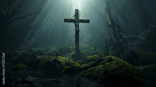 A jesus cross in sunken old forest