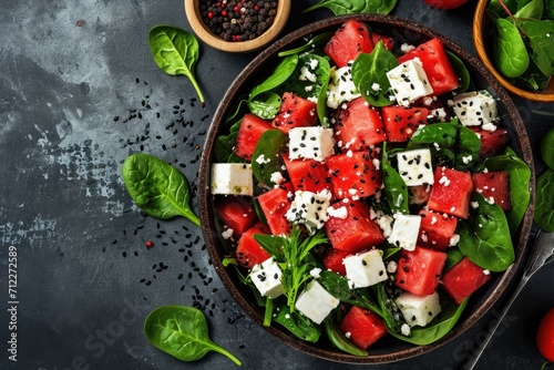 Top view of a watermelon salad bowl with feta cheese spinach and black sesame seeds on a dark background empty space photo