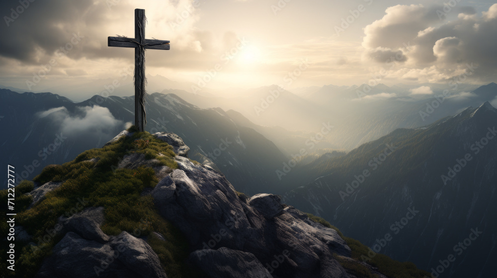 A jesus cross of the top of snowy mountain A jesus cross of the top of snowy mountain