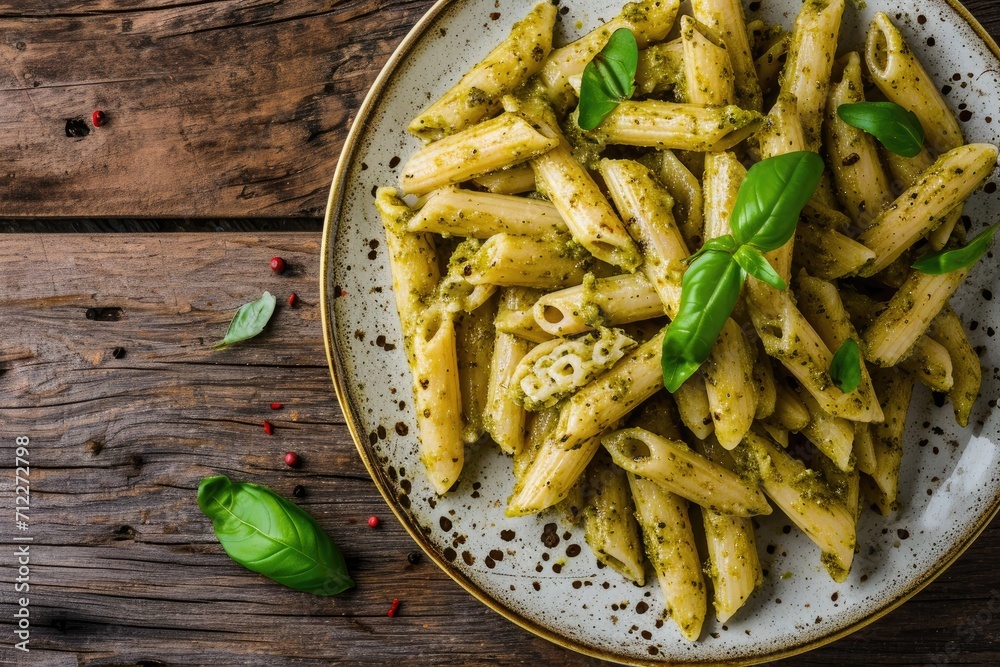 Easy and healthy Italian vegetarian food with top view and copy space featuring penne pasta in pesto sauce on a plate with a wooden table background Easy and healthy Italian vegetarian food with top view and copy space featuring penne pasta in pesto sauce on a plate with a wooden table background