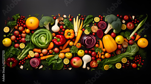 Health concept with natural vitamins fruits and vegetables top view