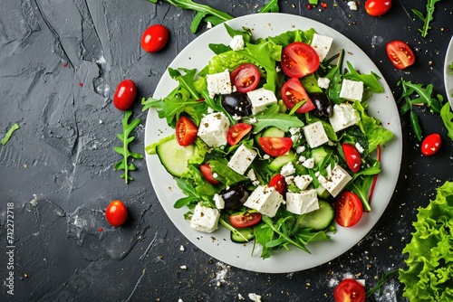 White plate with Greek salad featuring greens olives and feta cheese from a top perspective