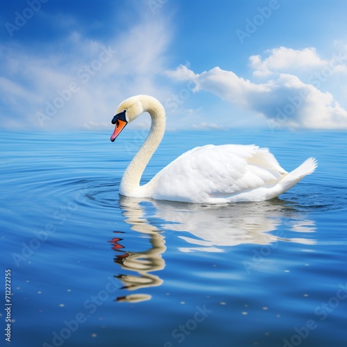 swan on blue lake water in sunny day, swans on pond, nature series. AI.