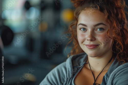 Beautiful overweight woman going to gym for exercises. Happy smile and body positivity for young people.