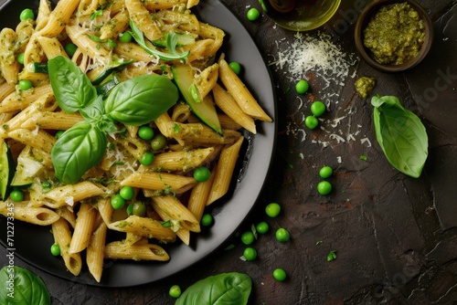 Italian cuisine Penne pasta pesto sauce zucchini green peas and basil Bird s eye view