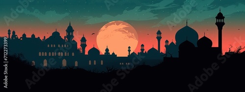 Panorama view of India with Taj Mahal at starry night. Night ancient arab city in desert, east architecture in oasis. Happy Independence Day of India. Travel and tourism concept