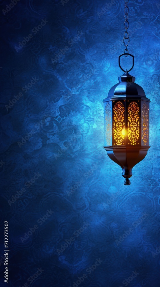 Eid Mubarak Celebration Lantern. A Lantern Amidst Simple Islamic Artistry Ramadhan Month With a Lot of Copy Space and Dark Blue Background Eid Mubarak Celebration Lantern. A Lantern Amidst Simple Islamic Artistry Ramadhan Month With a Lot of Copy Space and Dark Blue Background