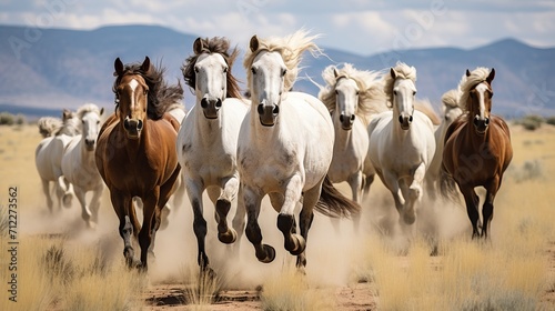 A Pack of Wild Horses Galloping Across an Open Plain AI Generated photo