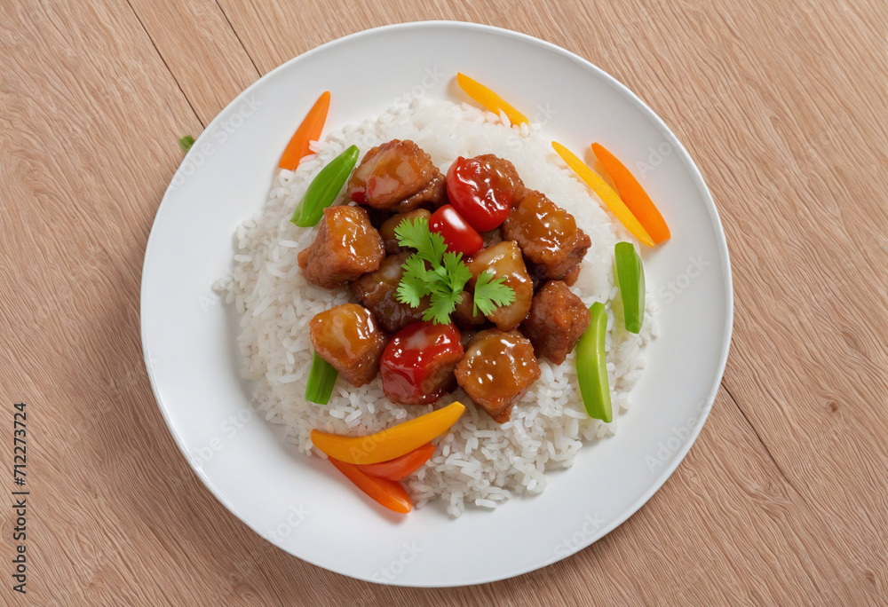 Sweet and Sour Pork with Vegetables - A delicious dish featuring fried pork chunks with a tangy sweet and sour sauce, served over rice with fresh vegetables. Sweet and Sour Pork with Vegetables - A delicious dish featuring fried pork chunks with a tangy sweet and sour sauce, served over rice with fresh vegetables.