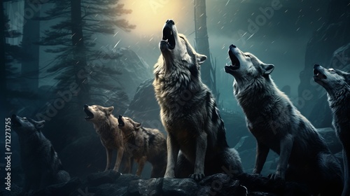 A Pack of Wolves Howling at the Moon AI Generated photo