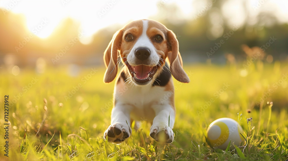 little happy dog playing with ball in nature