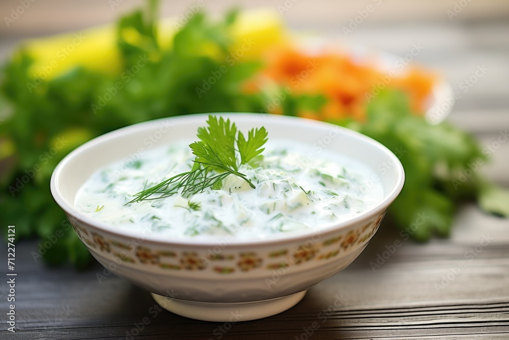 cucumber raita in a white bowl with mint garnish cucumber raita in a white bowl with mint garnish