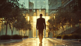 Businessman Walking Towards Office at Sunset.