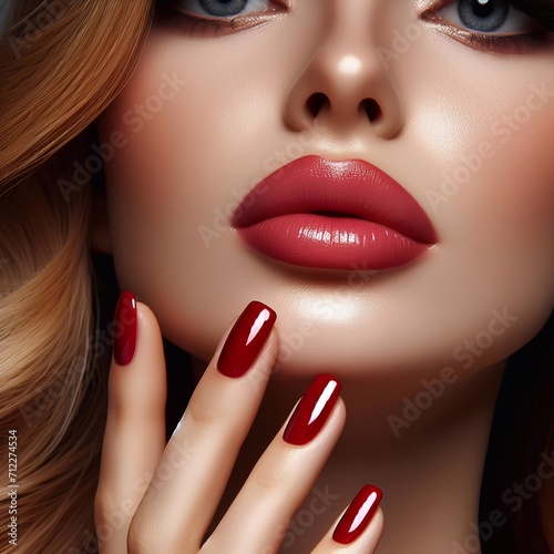 close up portrait of woman with lips and red manicured nails