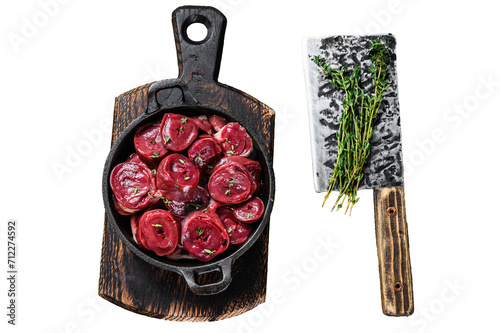 Sliced Raw turkey hearts offal in a pan. Transparent background. Isolated. photo