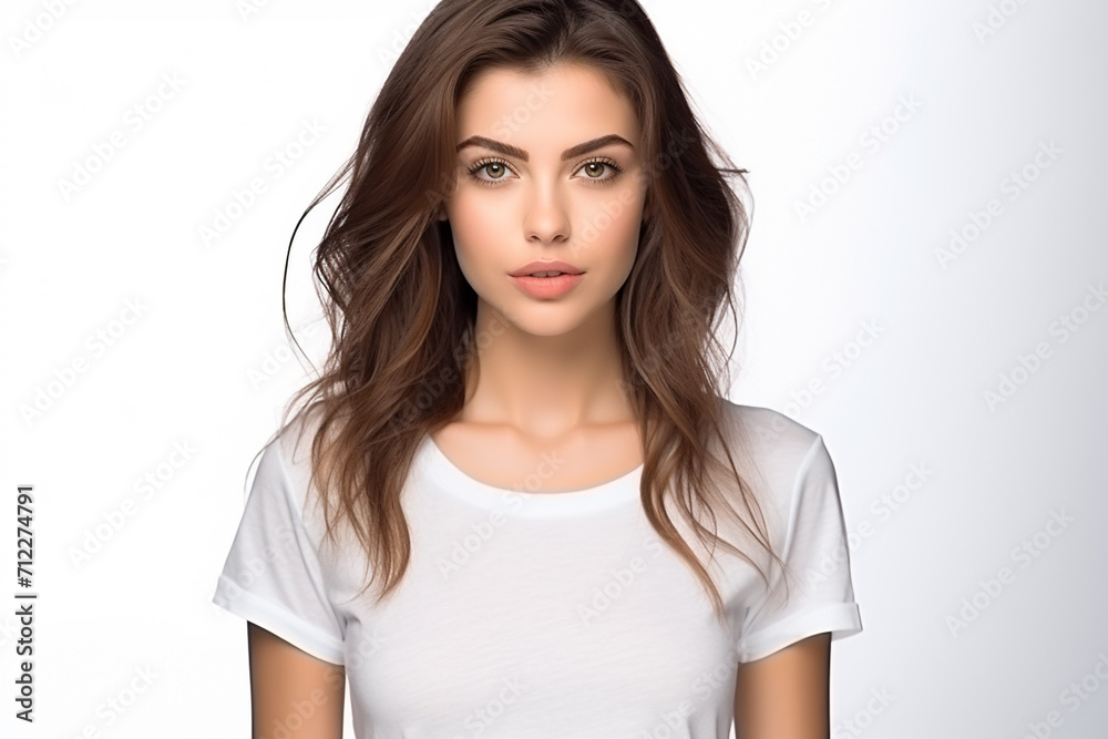 Obraz premium Woman in White Tshirt Mockup created with Generative AI