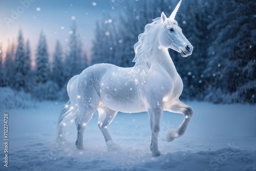 Majestic White Unicorn Standing in Snow - Beautiful Winter Scene. Generative AI.