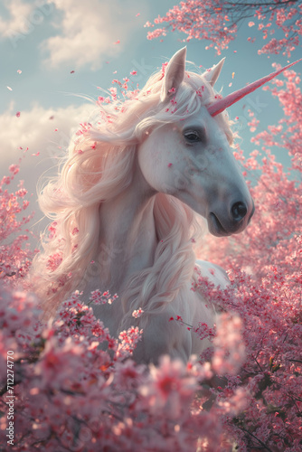 Blossom Whispers - A White Unicorn Amidst Cherry Blossoms by a Tree