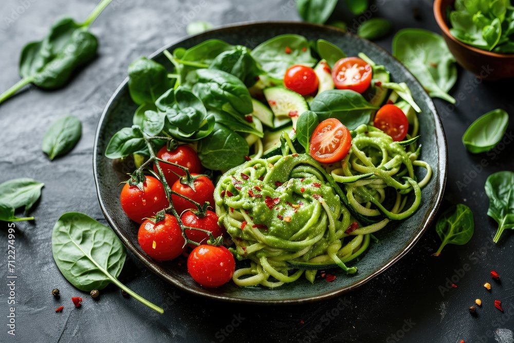 Vegan zucchini pasta with avocado sauce spinach and cherry tomatoes on a plate Healthy vegetarian dish