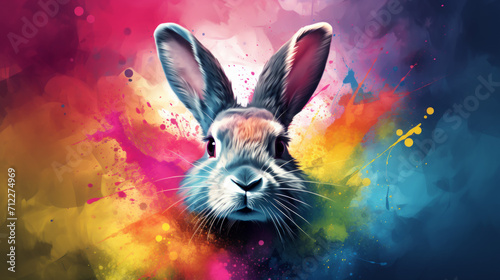 Cute Rabbit with flower in rainbow colors
