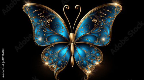 Ornate butterfly with beautifl blue and golden wings on black background as wallpaper illustration photo