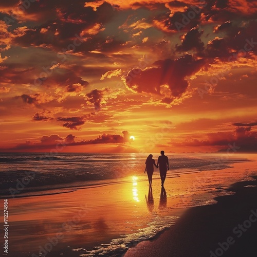 a couple taking a romantic stroll along the beach during a breathtaking sunset. Highlight the warm tones of the sky and capture the love between the two characters. © abdus satar